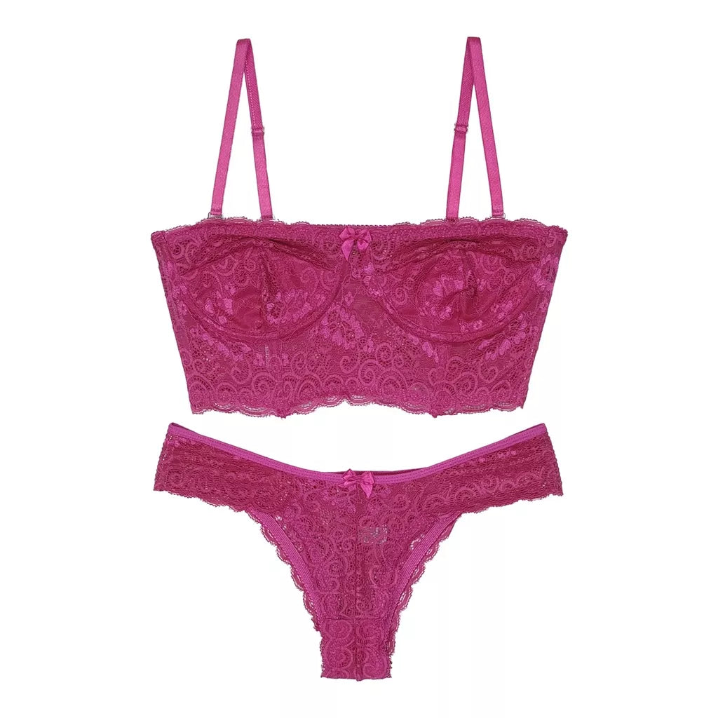 Conjunto Lingerie Renda Sutiã Cropped Alça Removível Tomara Que Caia Calcinha Estela