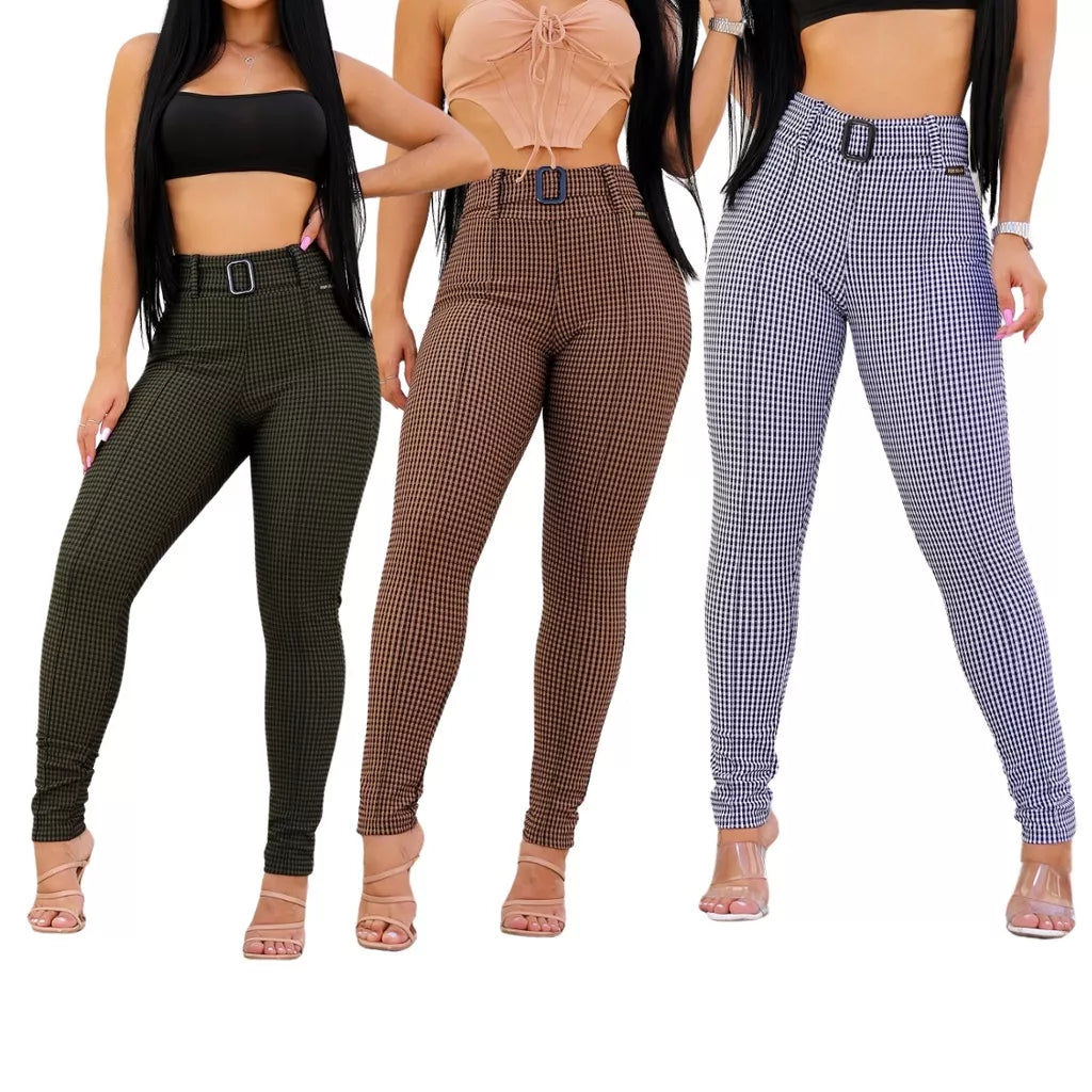 Calça Feminina Com Cinto Tecido Jacquard Xadrez cintura alta