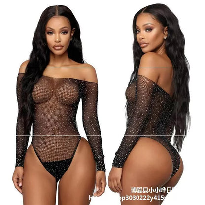 Roupa Íntima Feminina/Body Sexy De Malha Metálica Com Strass Brilhante E Bonita/lingerie