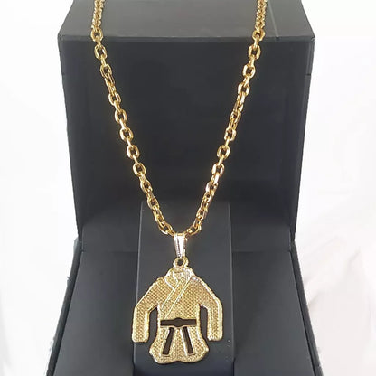 Corrente Cordão Baiano 4mm Longa Banhada Ouro 18K + colares masculinos com Pingente Quimono Faixa Preta Luta