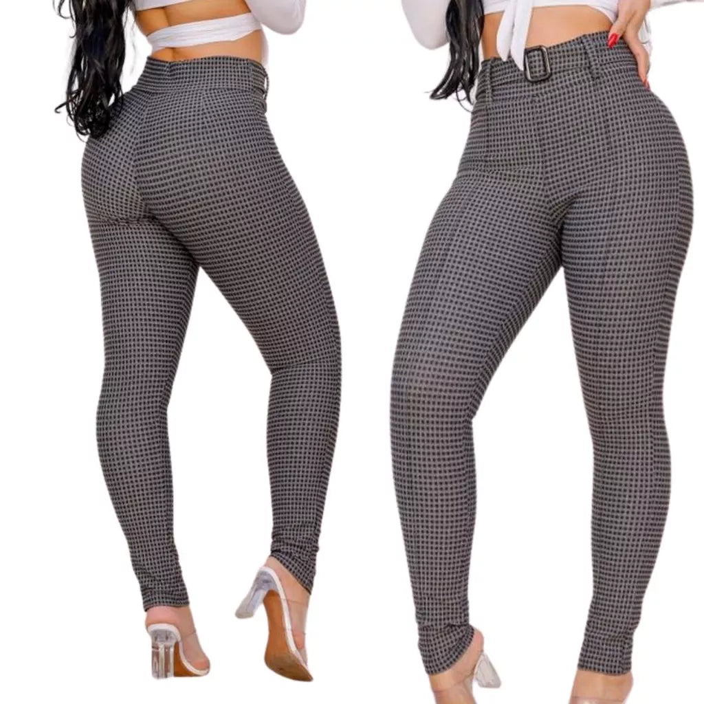 Calça Feminina Com Cinto Tecido Jacquard Xadrez cintura alta