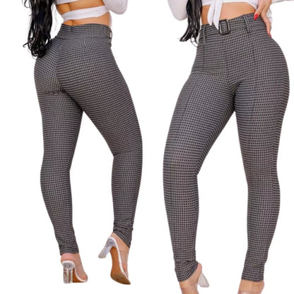 Calça Feminina Com Cinto Tecido Jacquard Xadrez cintura alta