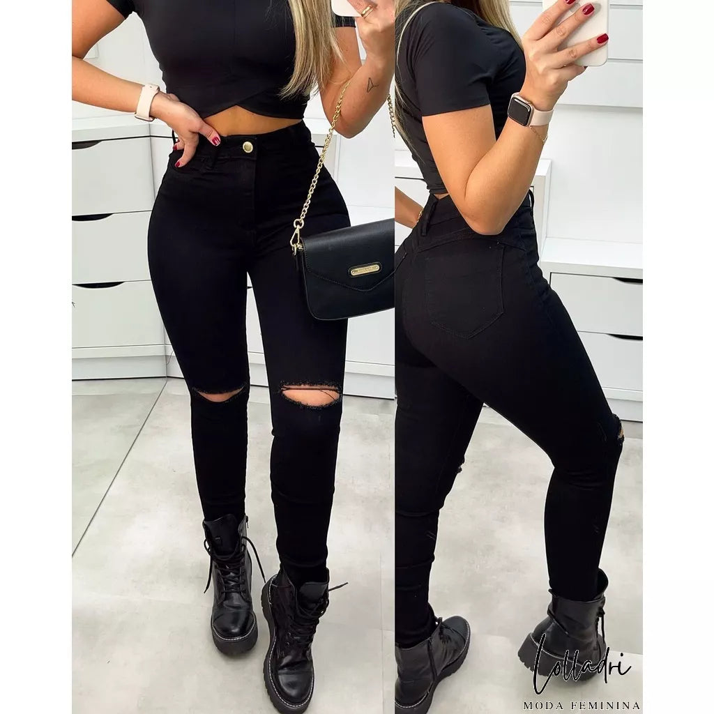Calça Jeans Preta Skinny Com Lycra Cintura Alta Corte Do Jeans Empina Confortável Moda Feminina.