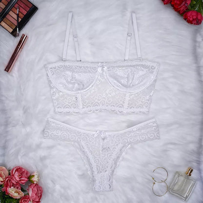 Conjunto Lingerie Renda Sutiã Cropped Alça Removível Tomara Que Caia Calcinha Estela
