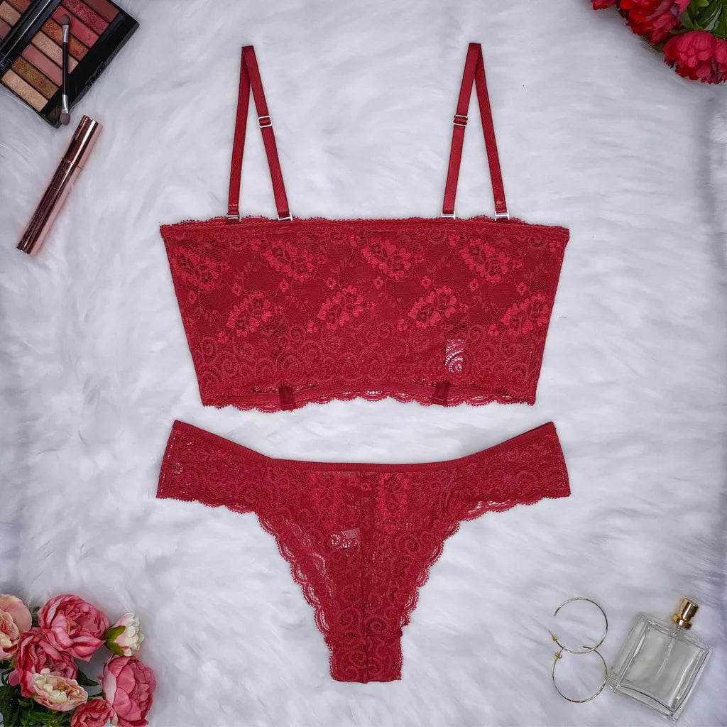 Conjunto Lingerie Renda Sutiã Cropped Alça Removível Tomara Que Caia Calcinha Estela
