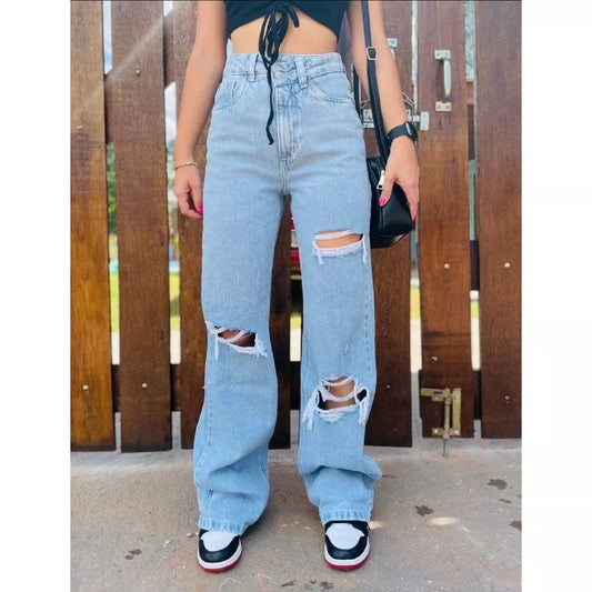 Calça Wide Jeans Destroyed no Joelho Tendencia Lola Store