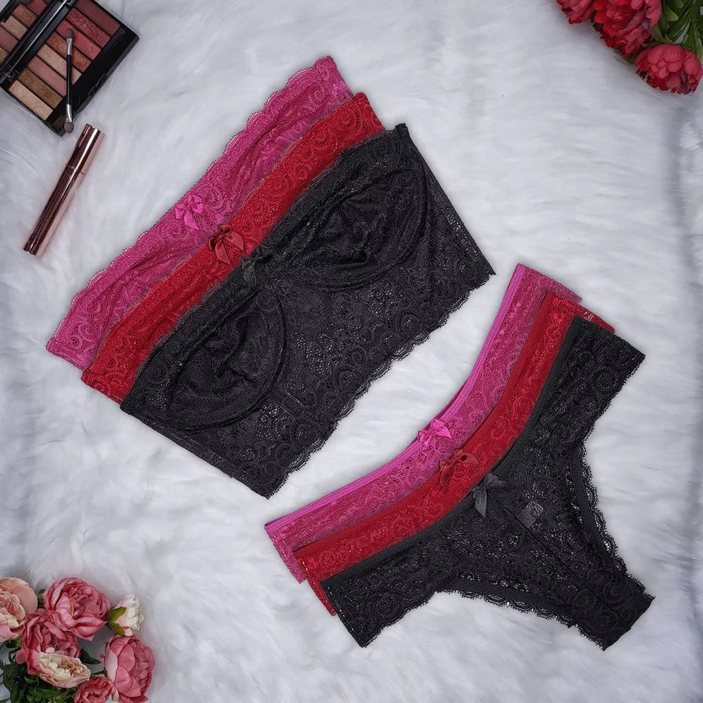Conjunto Lingerie Renda Sutiã Cropped Alça Removível Tomara Que Caia Calcinha Estela