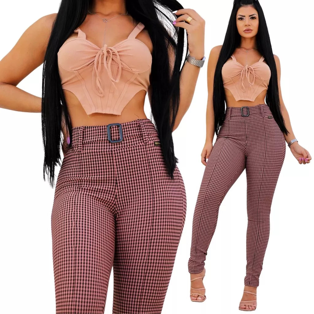 Calça Feminina Com Cinto Tecido Jacquard Xadrez cintura alta