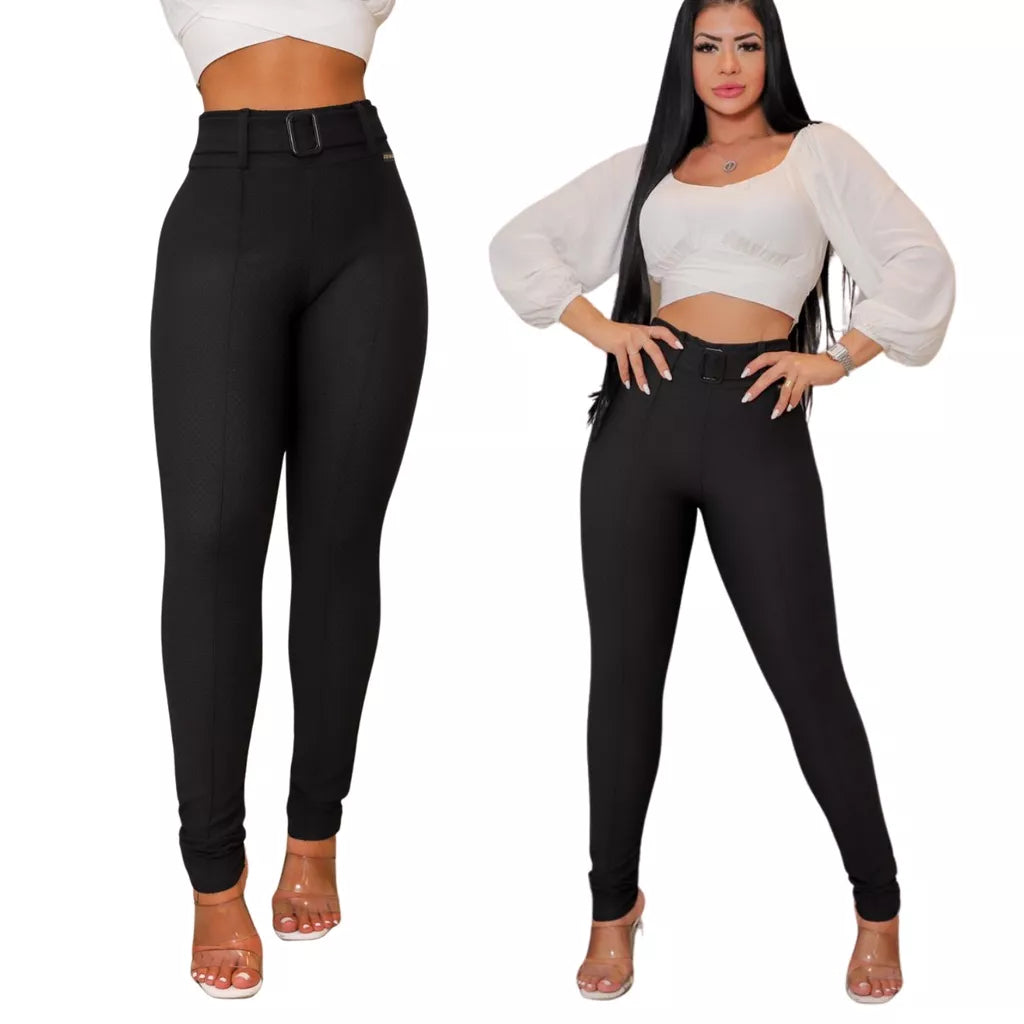 Calça Feminina Com Cinto Tecido Jacquard Xadrez cintura alta