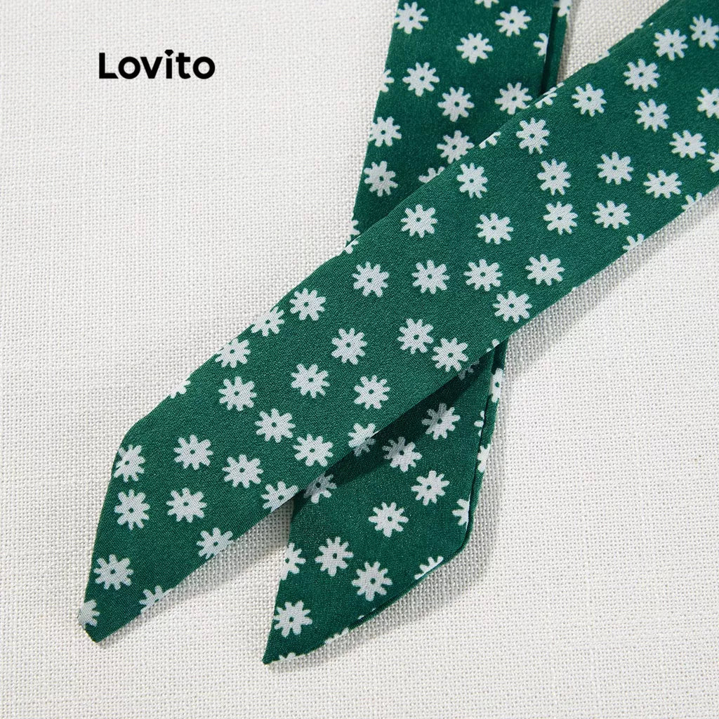 Lovito Boho Vestido de Bolinha Com Fenda e Decote V Profundo com Renda L12014 (Verde/Preto)