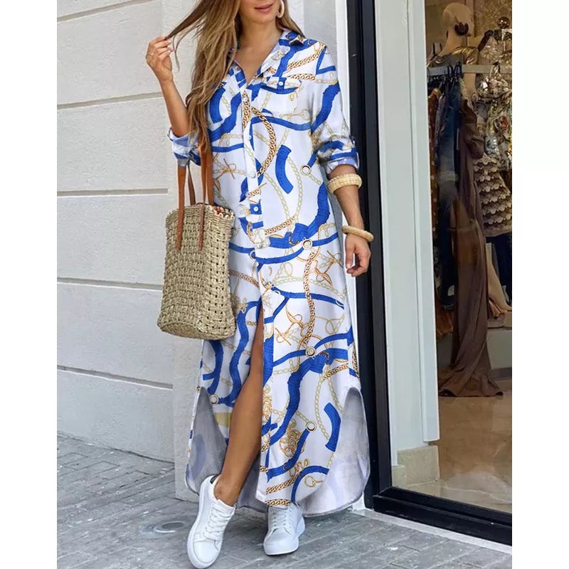 Vestido longo feminino casual solto com estampa listrada e botões