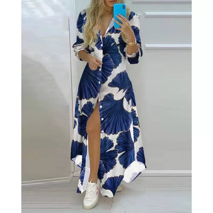 Vestido longo feminino casual solto com estampa listrada e botões