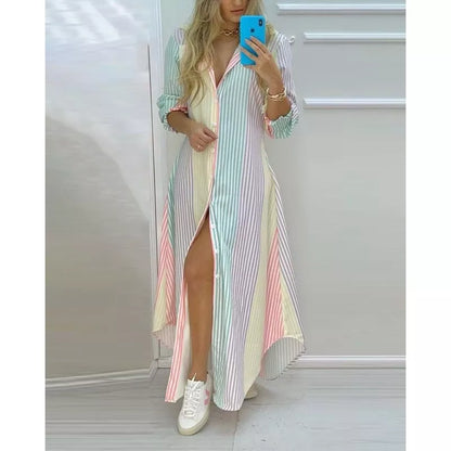 Vestido longo feminino casual solto com estampa listrada e botões