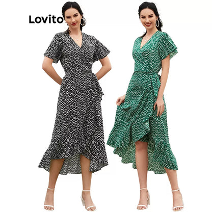Lovito Boho Vestido de Bolinha Com Fenda e Decote V Profundo com Renda L12014 (Verde/Preto)