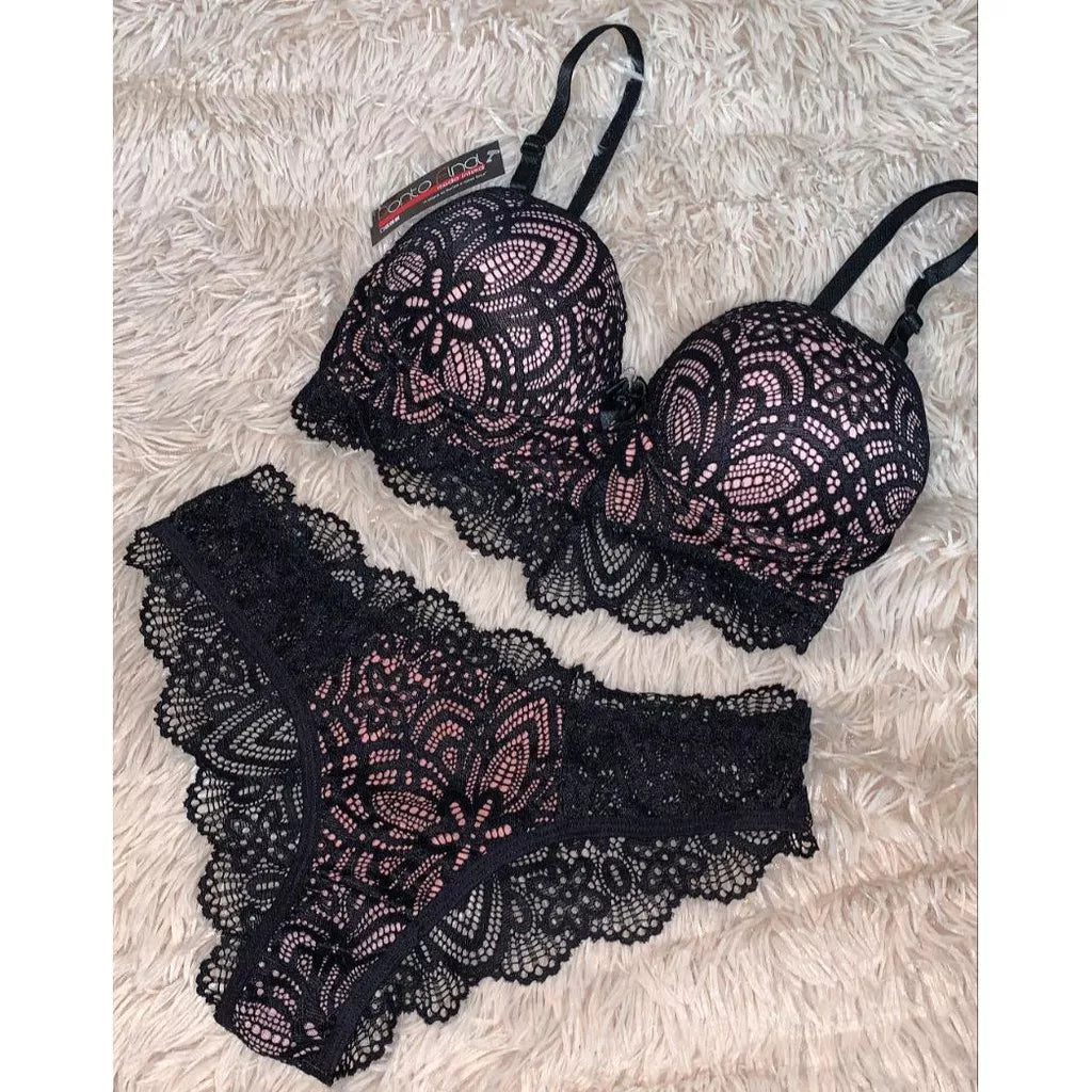 CONJUNTO RENDA COM BOJO SUTIA + CALCINHA LINHA NOITE SENSUAL MODA INVERNO LINGERIE